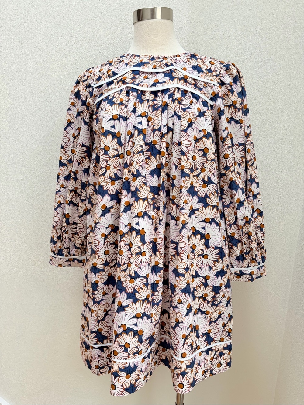 Batsheva Floral Daisy Dress Poplin Long Sleeve Mini Esme Cotton Blue Pink Size 2 - Picture 2 of 10